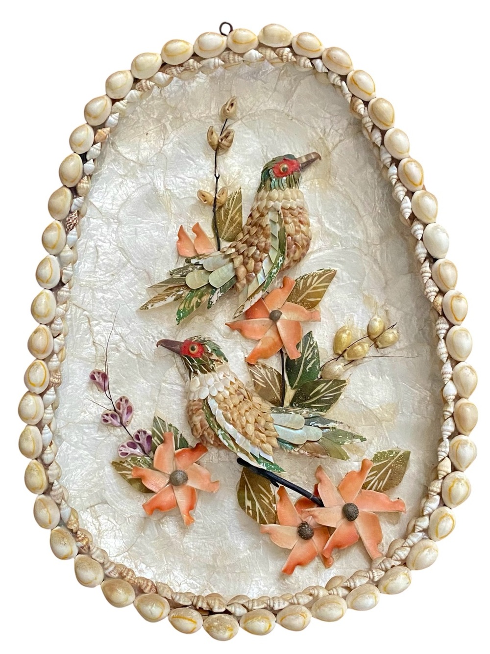 Vintage 1950s Capiz Sea Shell Art Wall Hanging Birds and Flowers